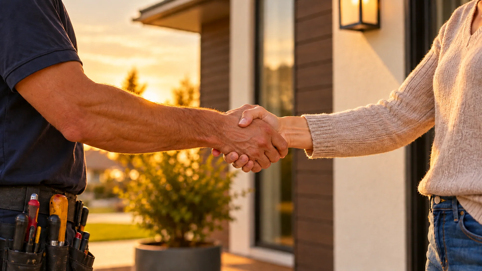 Homeowner shaking hands with a home service professional outside a house.