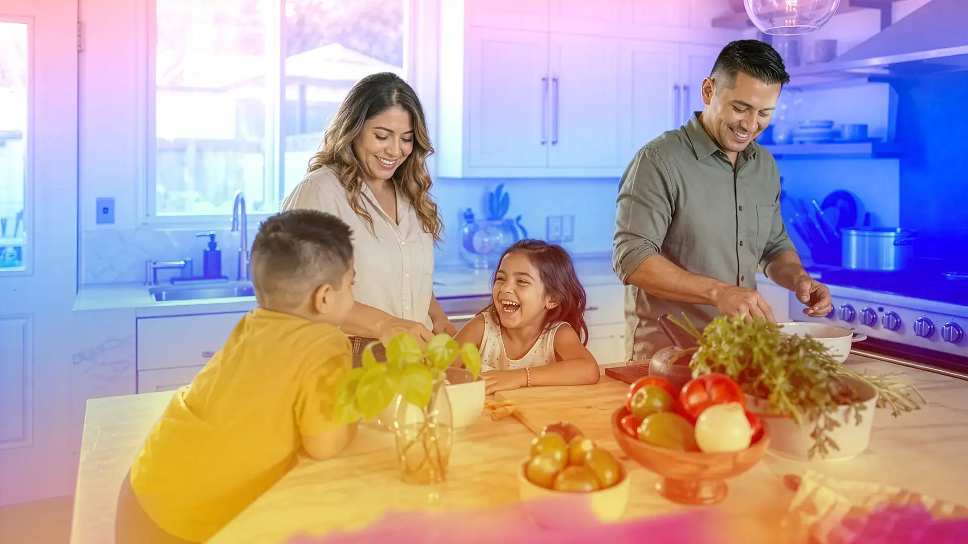 Parents and children enjoying time together while preparing a meal in a bright, modern kitchen.