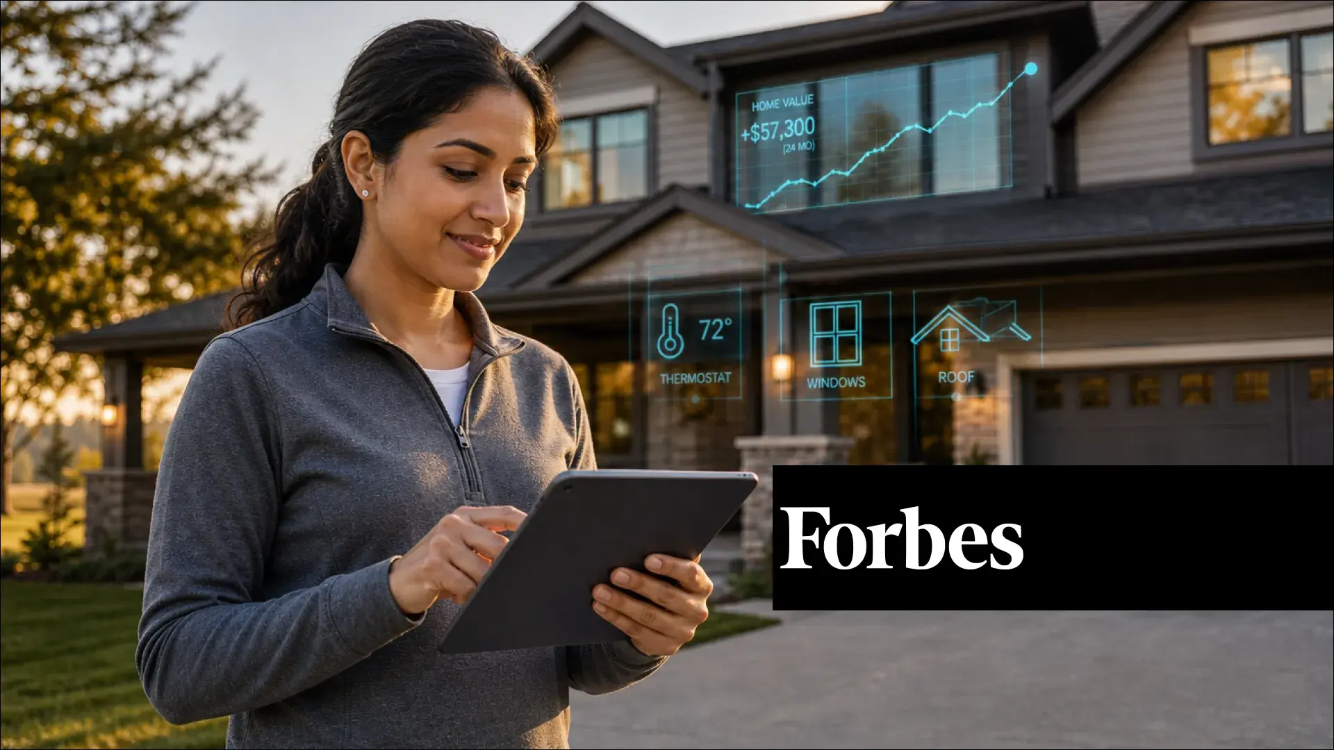 Forbes article graphic showing a homeowner using a tablet to view home value and property insights displayed over a house.