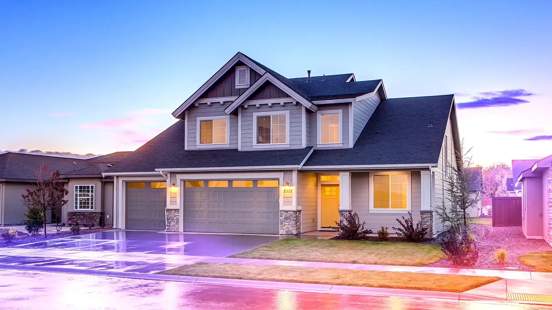 Home in the evening, with indoor and outdoor lighting