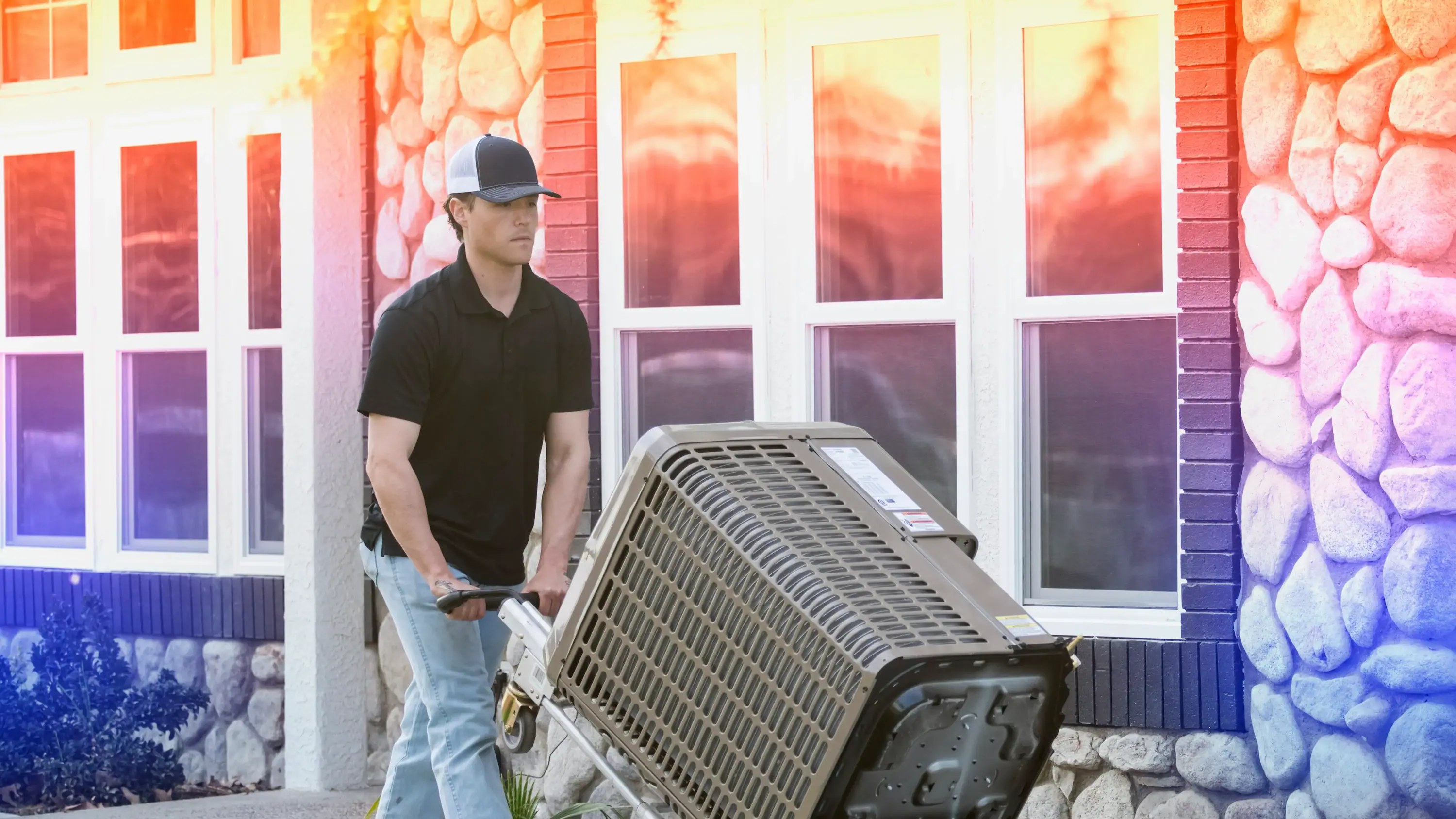 HVAC technician using a hand truck to move a large outdoor air conditioning unit in front of a house with stone and brick siding.