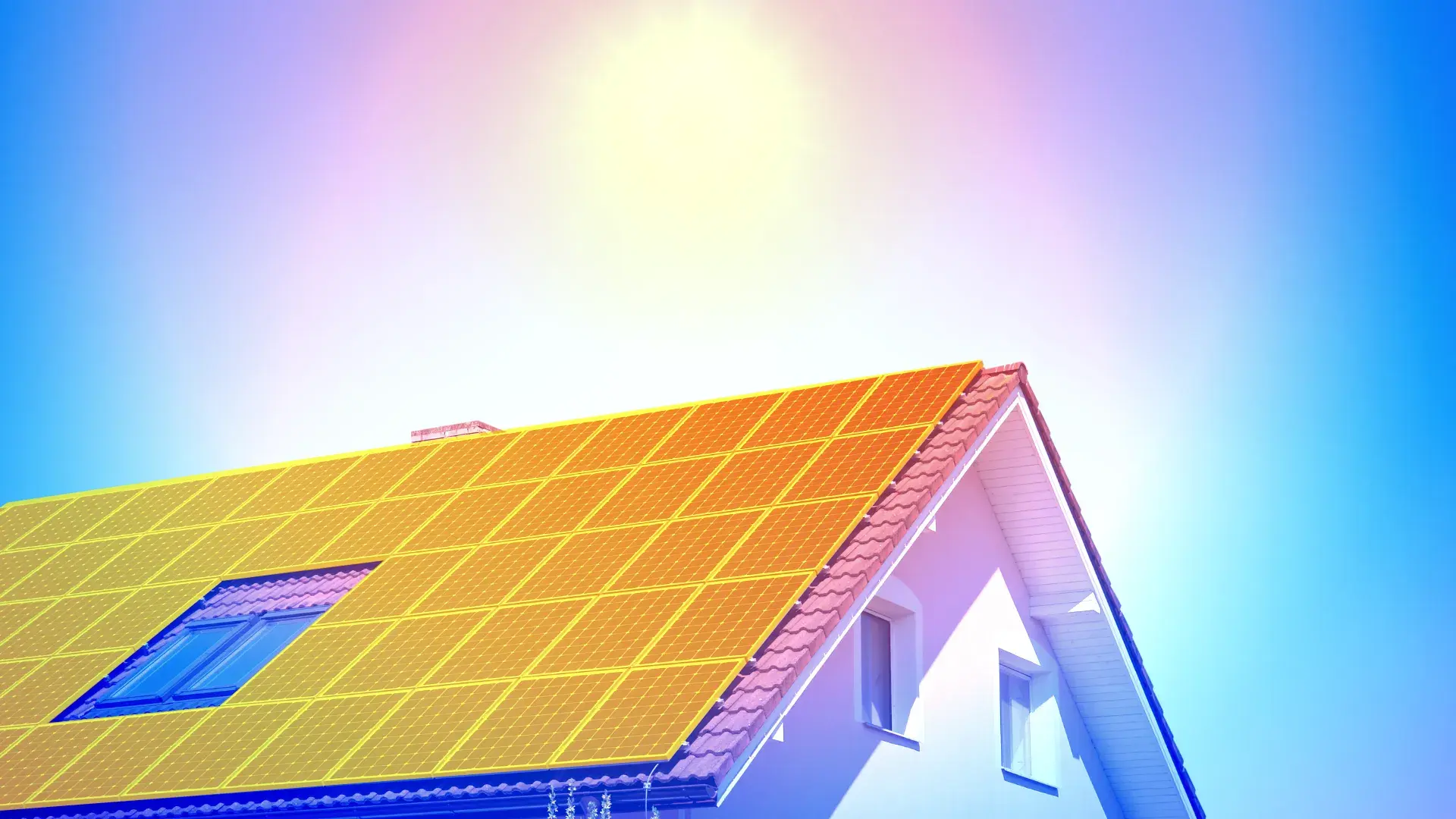 Home with solar panels with sun blasting down