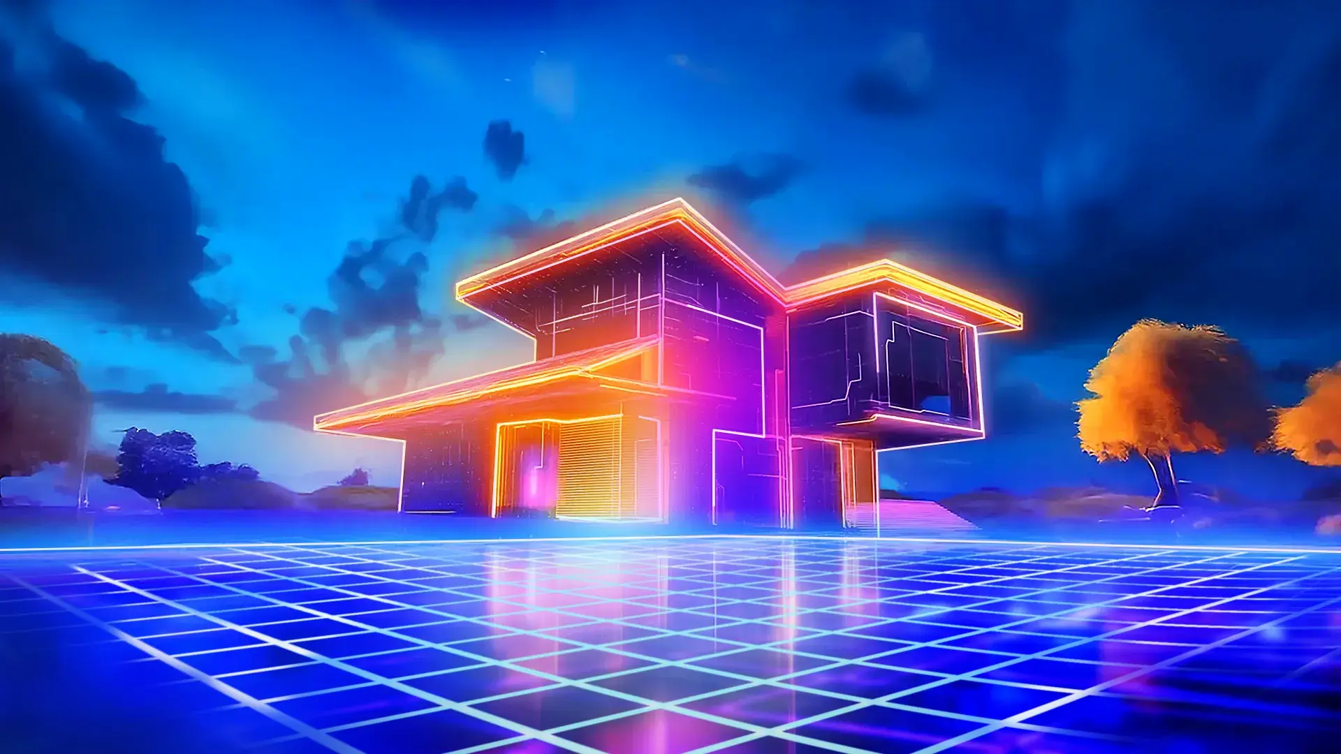 Neon outlines around a house that looks digitally charged on a digital landscape