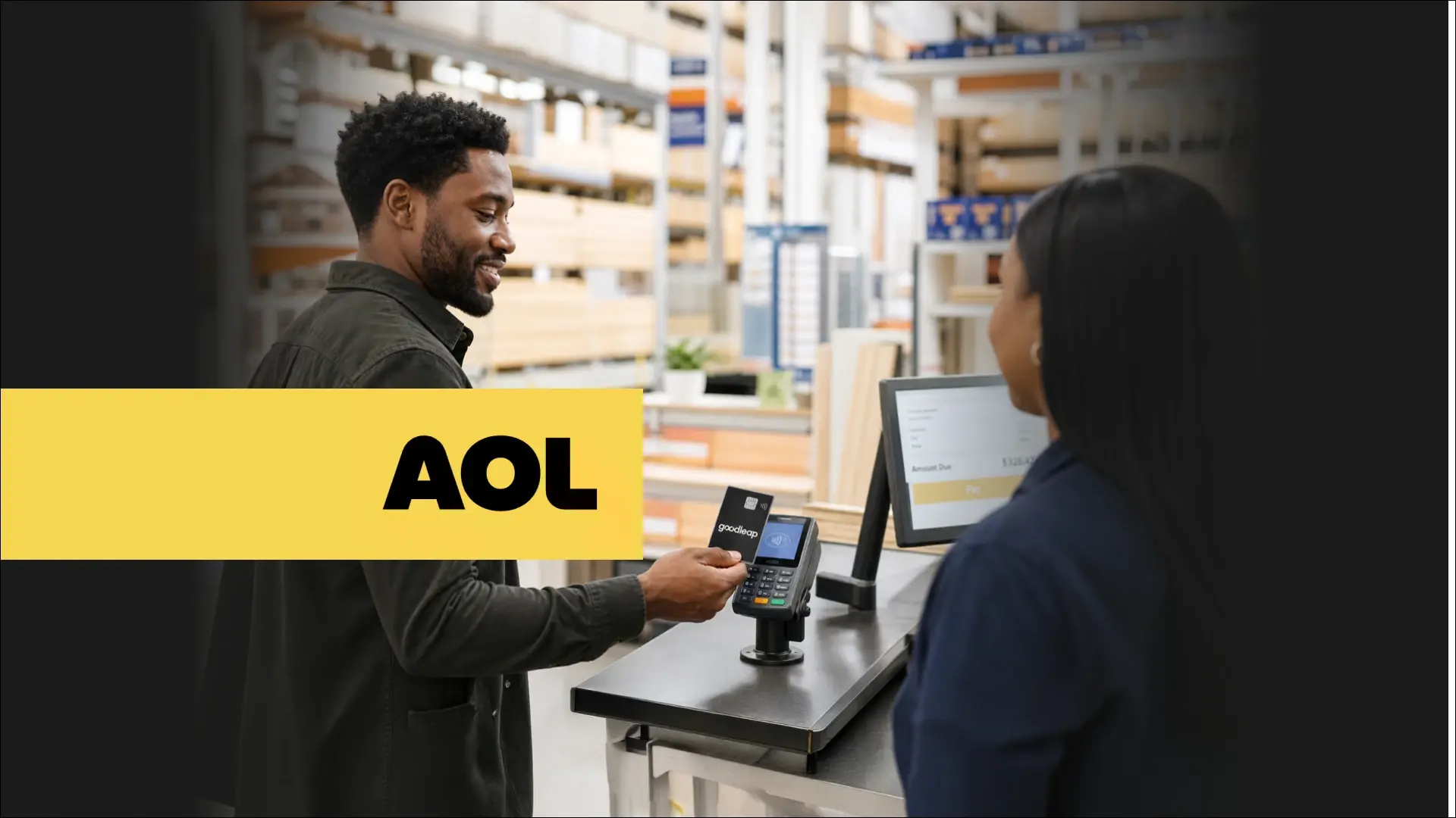 AOL article graphic showing a customer using the GoodLeap Home Card at a retail checkout counter.