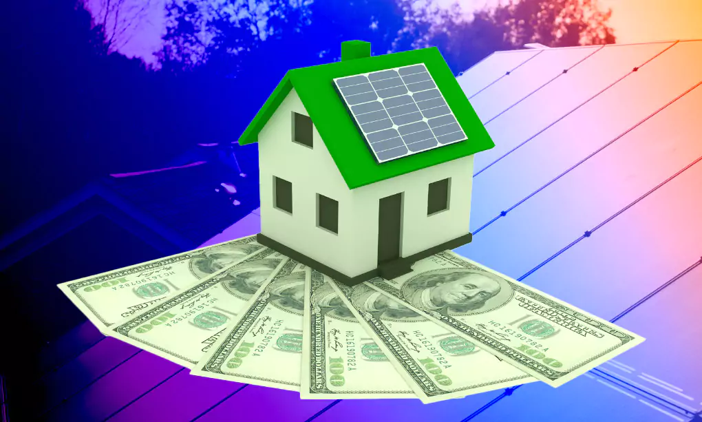 Digital graphic of a house with solar panels on top of some dollar bills