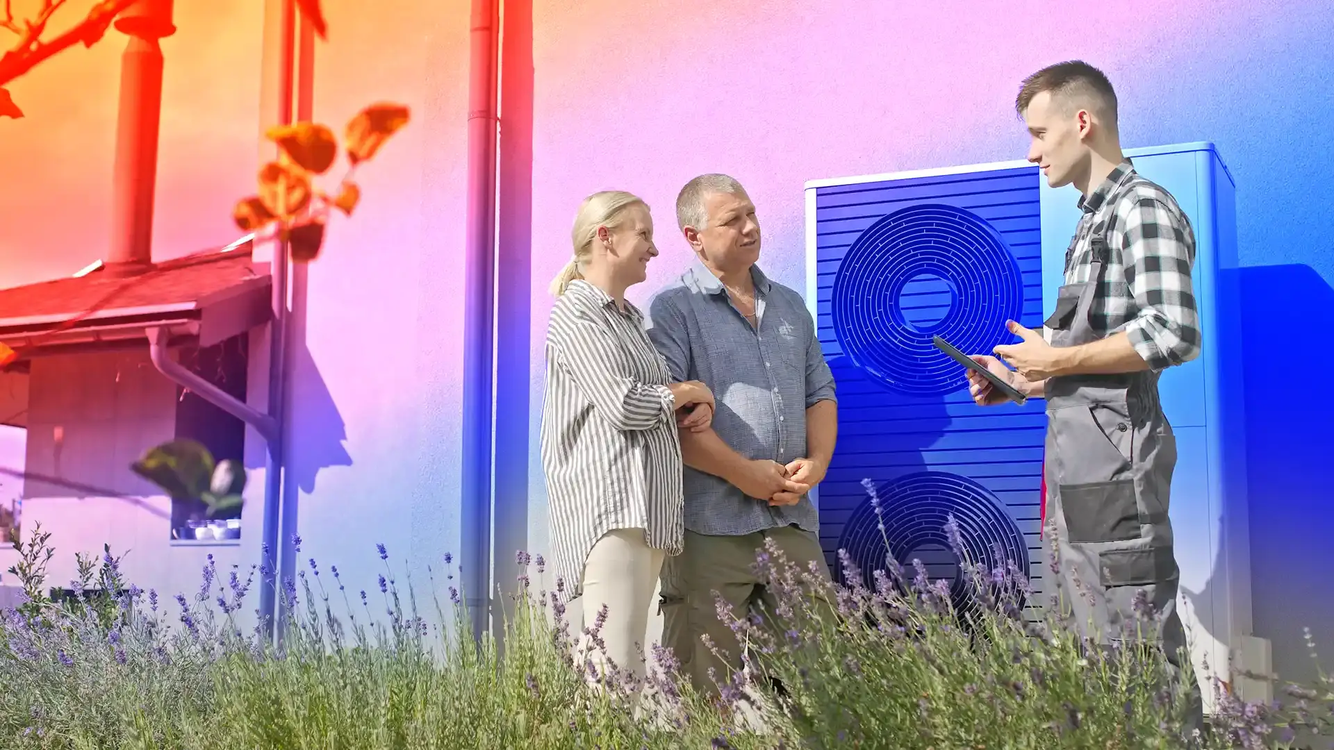 HVAC technician reviewing information on a tablet with a couple standing beside an outdoor heat pump unit.