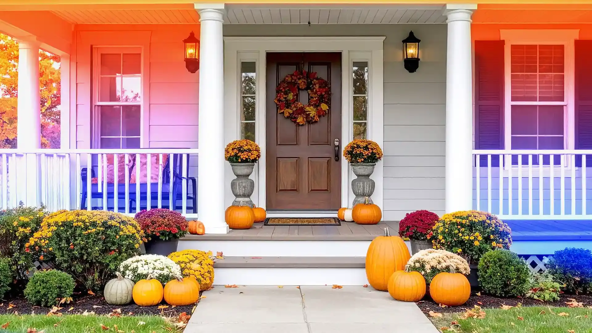 Front porch of a house decorated for fall with pumpkins, colorful mums, and a wreath on the door, enhanced by a warm gradient overlay.